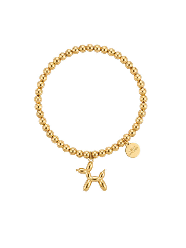 Armband Glückshund – Ballonhund Perlenarmband mit Good-Luck-Plättchen, 18K vergoldet – weißer Hintergrund