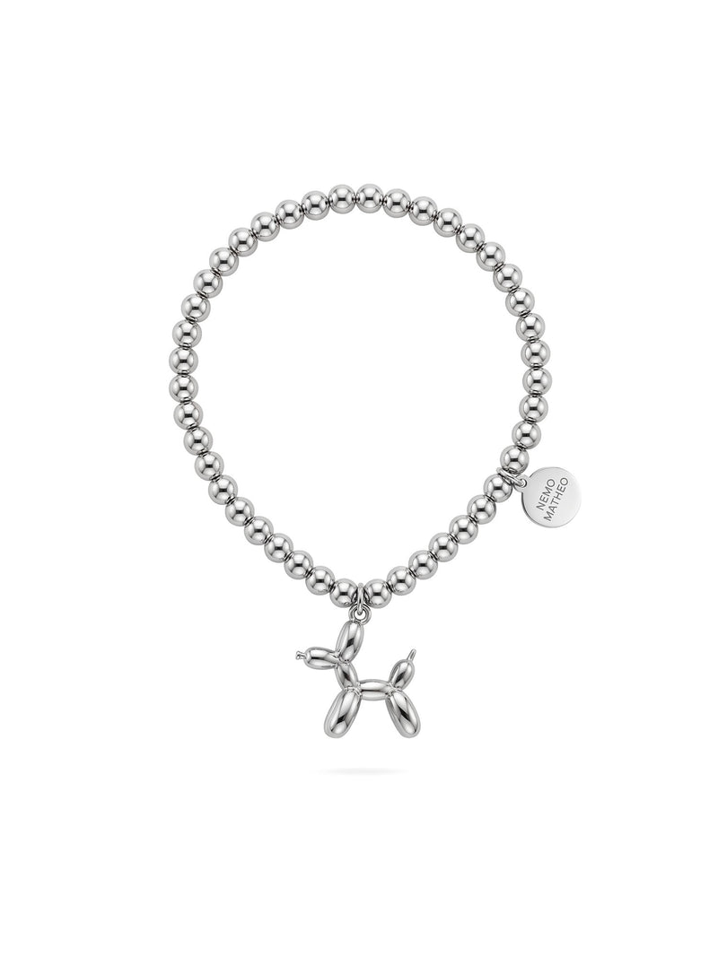 Armband Glückshund – Ballonhund Perlenarmband mit Good-Luck-Plättchen, silberfarben – weißer Hintergrund