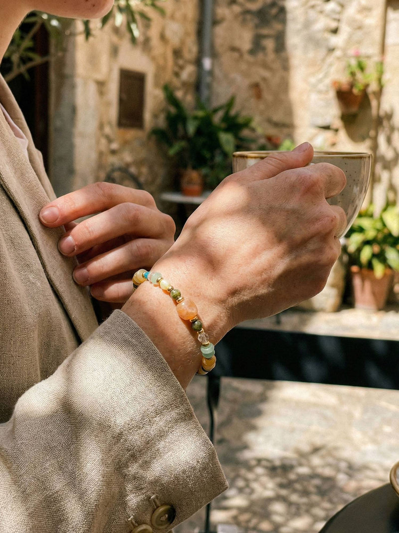 Armband Sonnenreise Armband Detailansicht – Edelstahl, Orange/Gruen/Gold