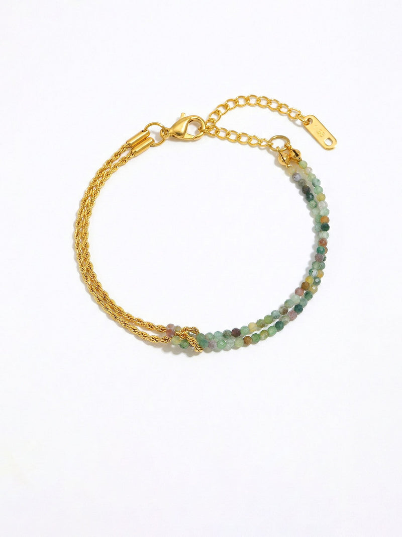 Armband Twist Terra – Doppellagiges Armband mit Indischem Achat und goldener Kordelkette, 18K vergoldet, weisser Hintergrund