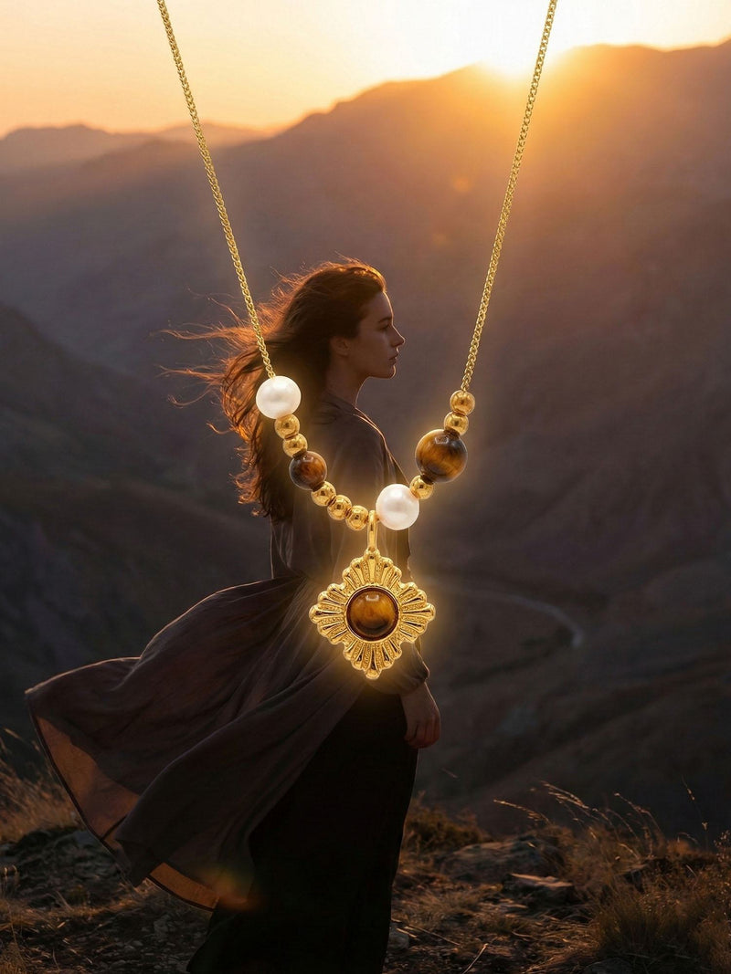 Nemomatheo Golden Sun Kette – Kreative Lifestyle-Aufnahme mit Berglandschaft bei Sonnenuntergang