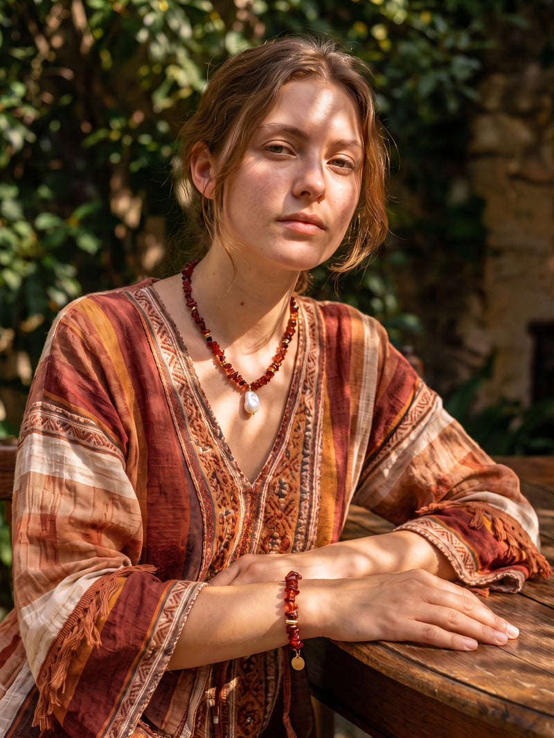 Vulkanblüte necklace and matching bracelet on model with rust-colored blouse in a café
