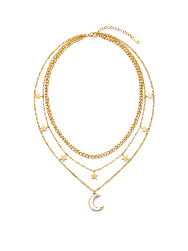 Kette Luna Stellare – Sterne und Mond Layering-Kette, 18K vergoldet – weißer Hintergrund