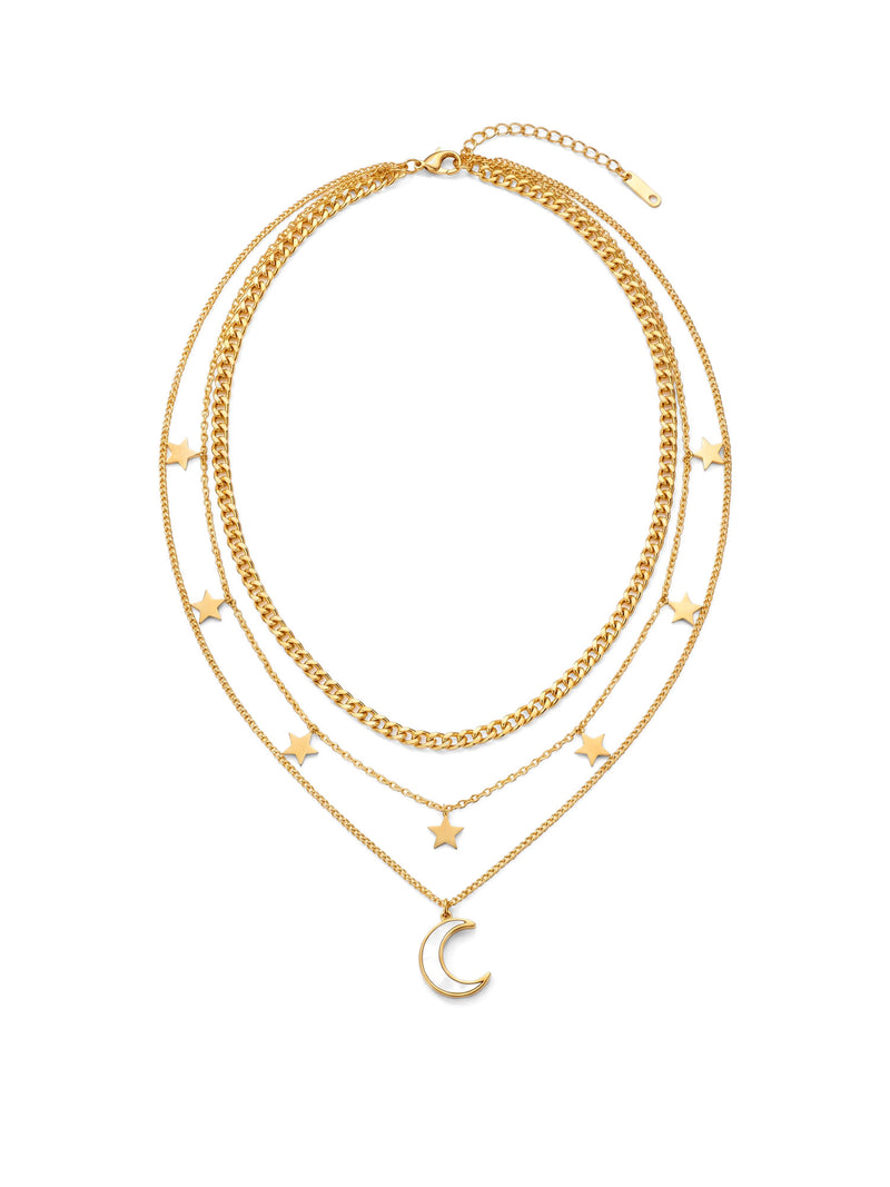 Kette Luna Stellare – Sterne und Mond Layering-Kette, 18K vergoldet – weißer Hintergrund