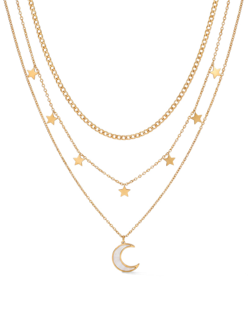 Kette Luna Stellare – Sterne und Mond Layering-Kette, 18K vergoldet – weißer Hintergrund