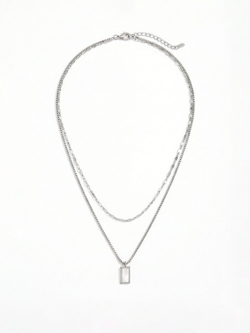 Silberne Layered Kette Madre Frame - Halskette mit rechteckigem Perlmutt Anhaenger