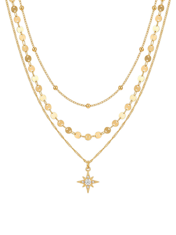 Kette Northern Star – Münz-Layering Kette mit Nordstern und Zirkonia, 18K vergoldet – weißer Hintergrund
