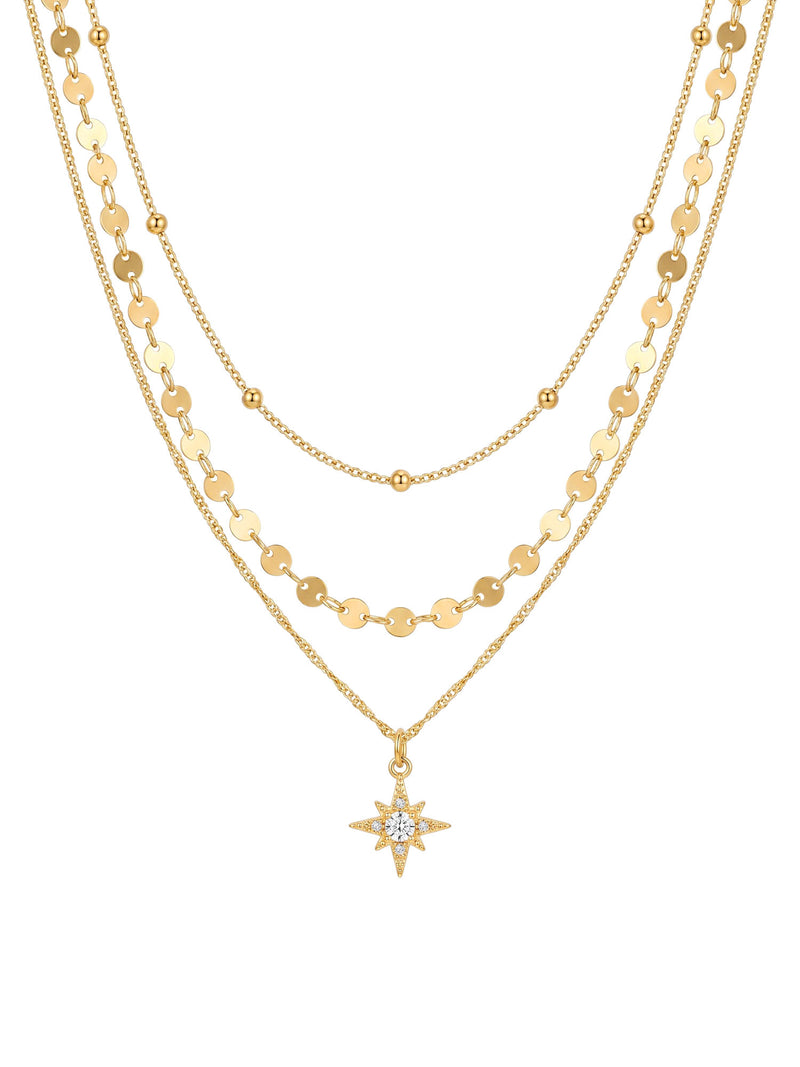 Kette Northern Star – Münz-Layering Kette mit Nordstern und Zirkonia, 18K vergoldet – weißer Hintergrund