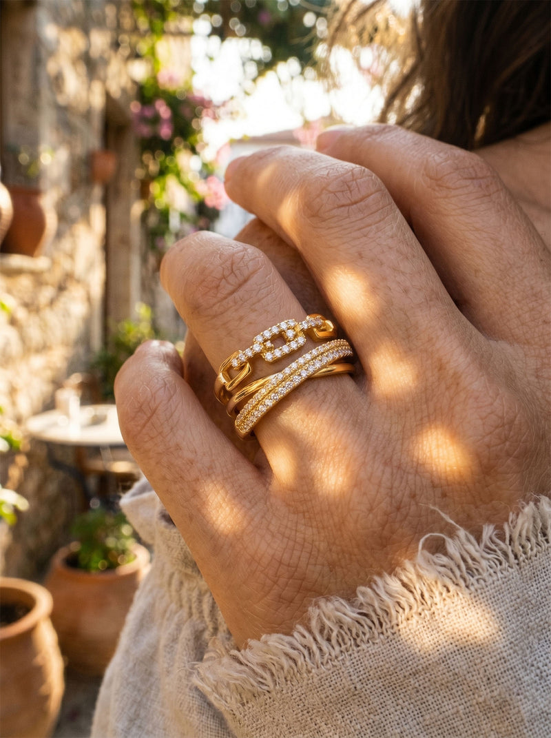 Ring Link Architect – Urbane Doppelkette Gold – Detailansicht