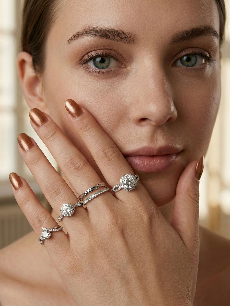 Silbernes Ring-Set Amour Einzelring-Detail Blumen-Halo-Ring auf weissem Hintergrund