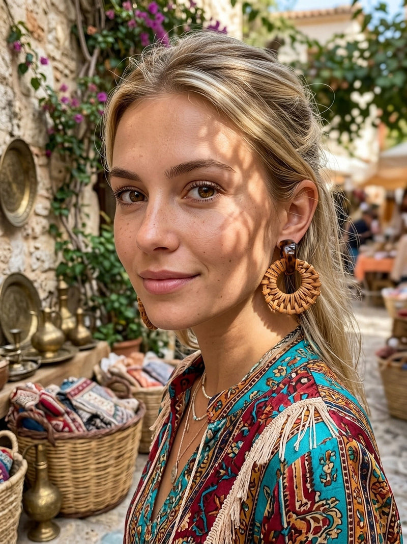 Solana – Geflochtene Rattan Hoops mit Harzstein – Schildpatt – Detail 2