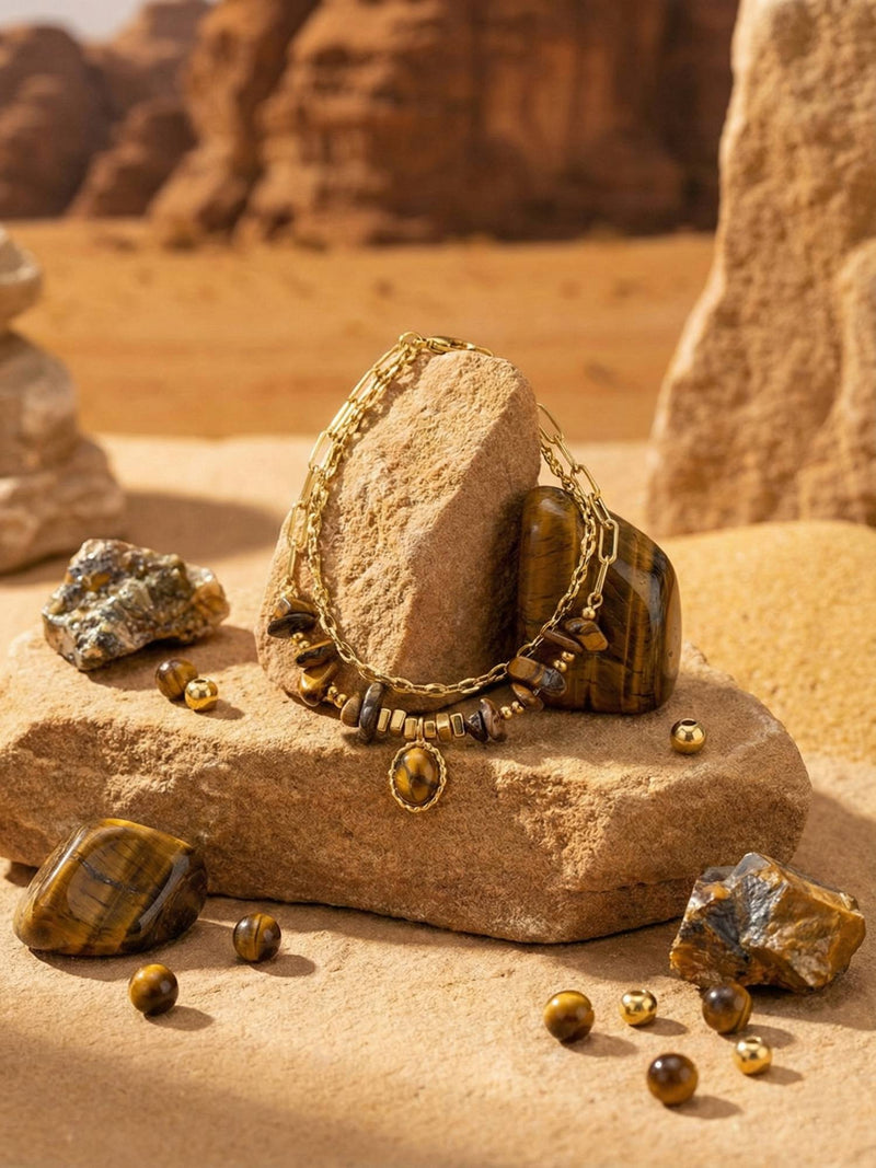 Stein und Glanz Armband Wueste Flatlay – Tigerauge-Perlenarmband in Wuestenlandschaft Canyon Erdtoene warmes Naturlicht
