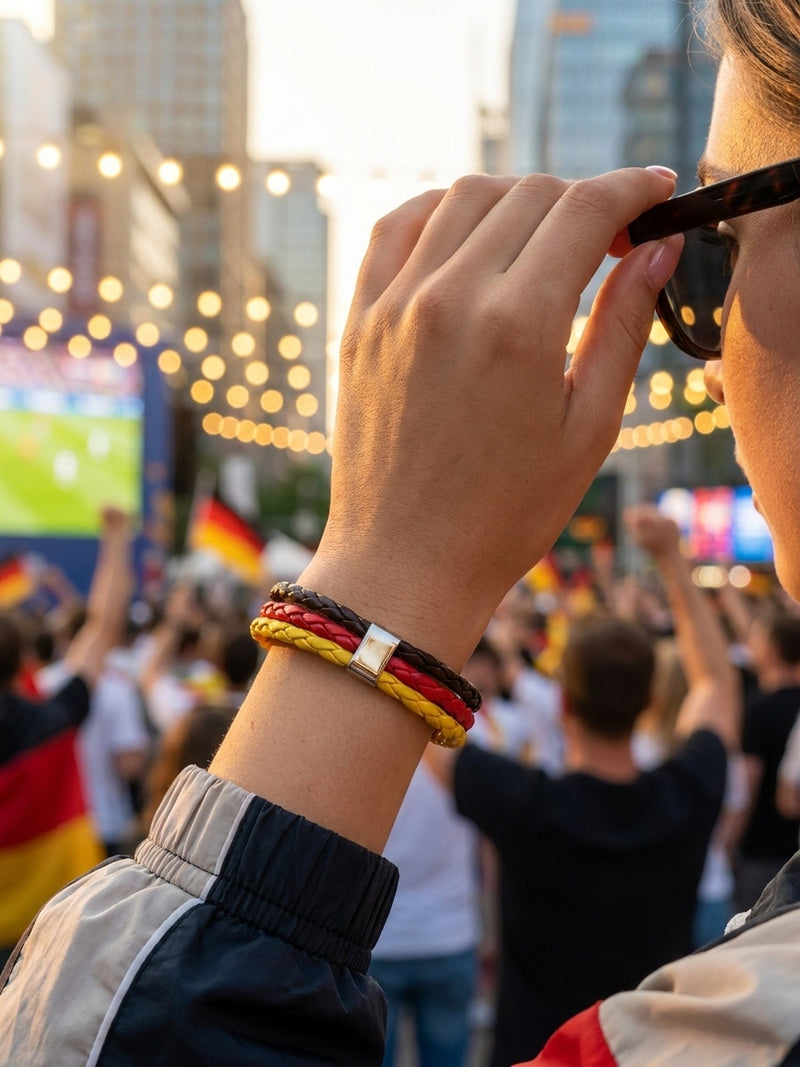 Armband WM 2026 – Geflochtenes Leder Fan Armband mit Nationalflagge – Deutschland – Lifestyle 3