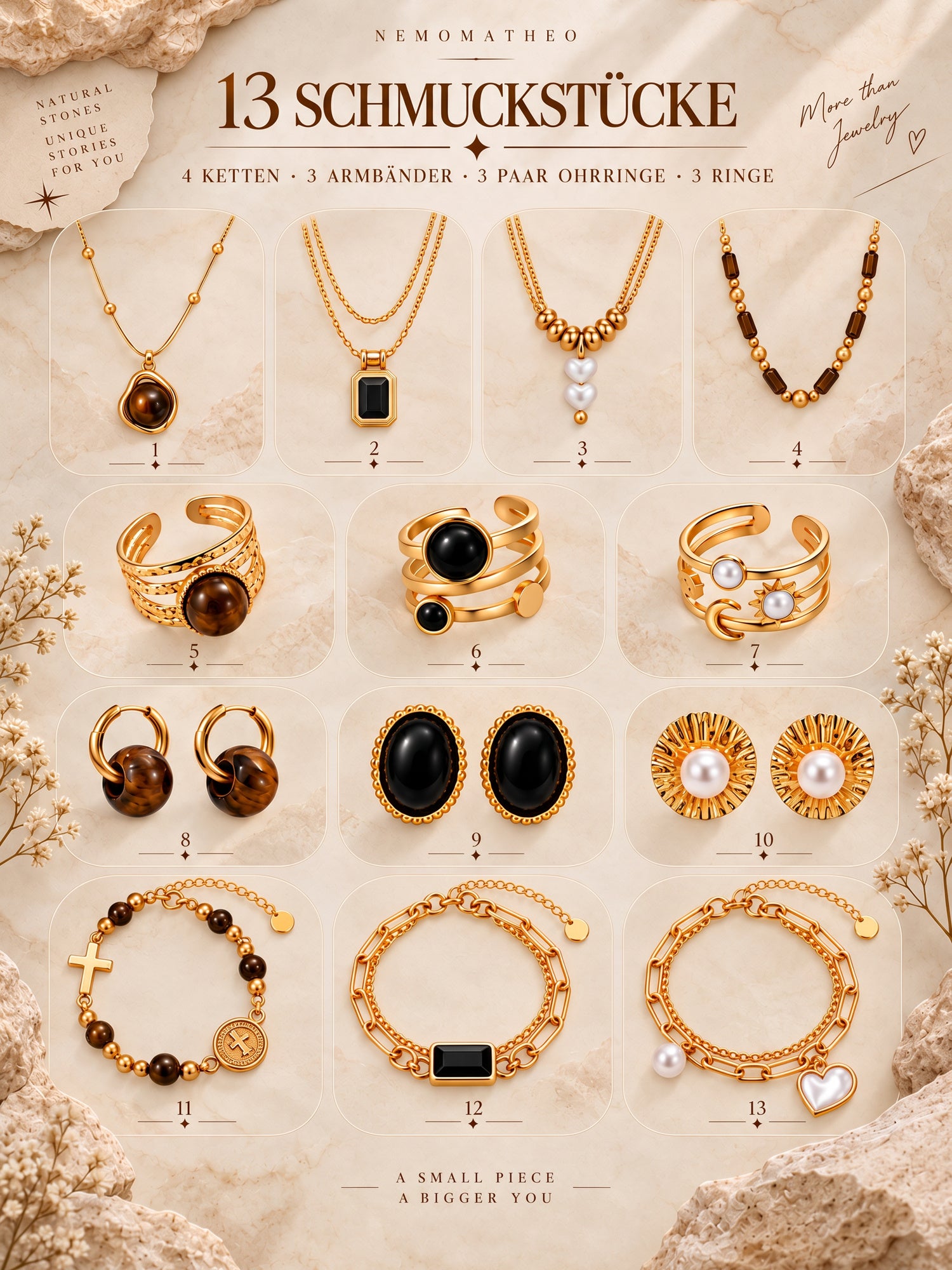Forza Gentile · 13 jewelry pieces: 4 necklaces · 3 bracelets · 3 pairs of earrings · 3 rings