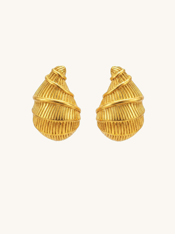 Golden Shell Ohrringe symmetrisch – vergoldetes Muschel-Paar perfekt symmetrisch auf weissem Hintergrund, goldener Glanz