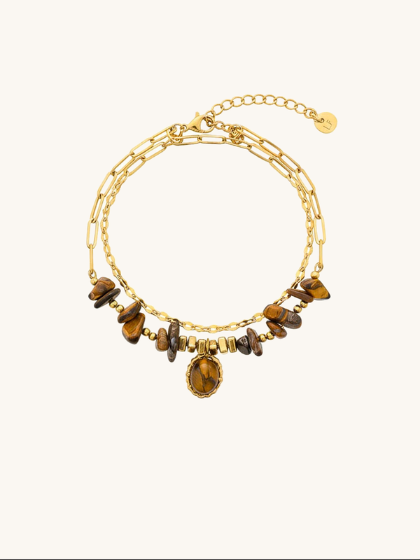 Stein und Glanz Armband Produktbild – Zweireihiges Tigerauge-Armband mit Naturstein-Anhaenger weisser Hintergrund 18K vergoldet