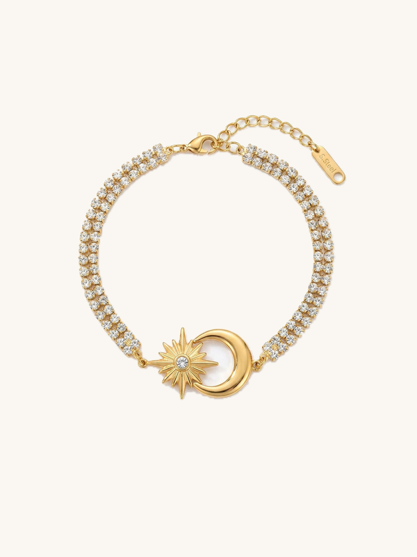 Luna Sol Bracelet – Double-row crystal tennis bracelet with moon and sun center, 18K gold-plated, white background