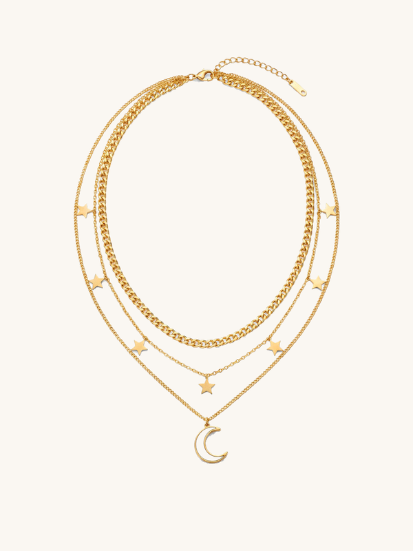Kette Luna Stellare – Sterne und Mond Layering-Kette, 18K vergoldet – weißer Hintergrund