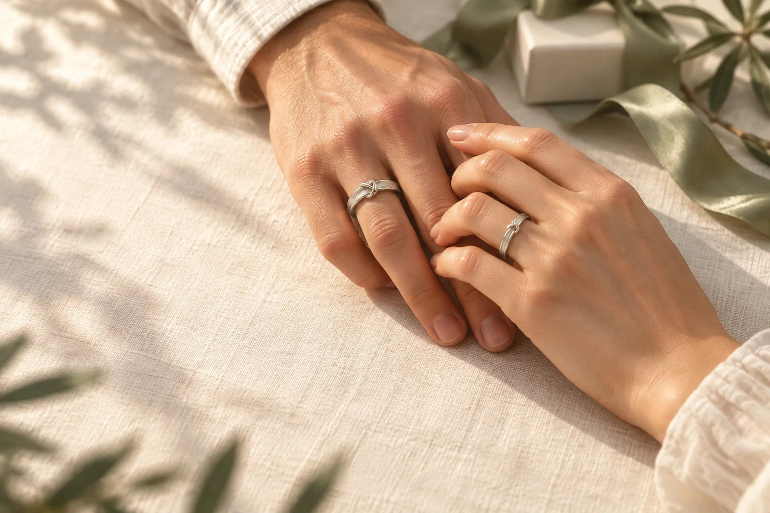 Concept image: Two people wearing silver-colored knot rings