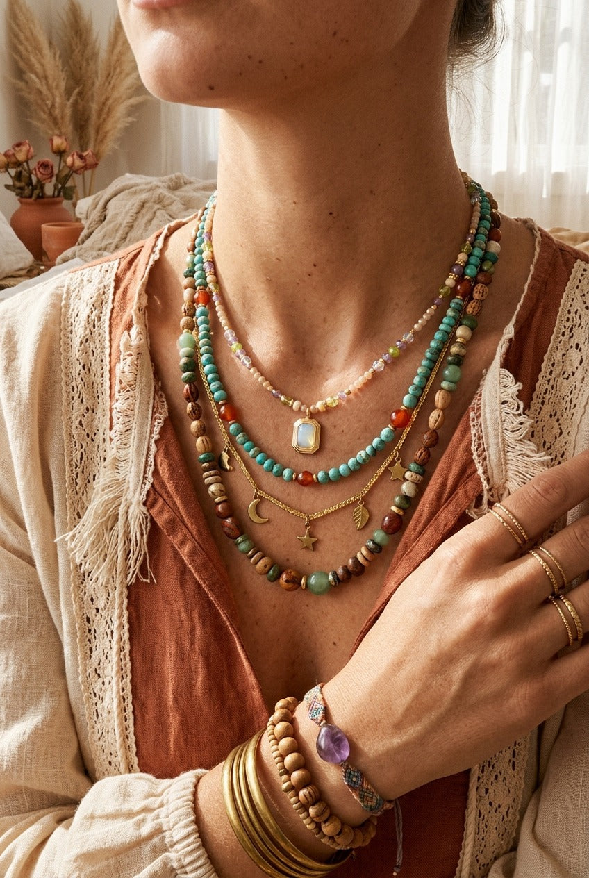 Naturstein Kette und Armband im Boho-Layering — NemoMatheo Rheingau