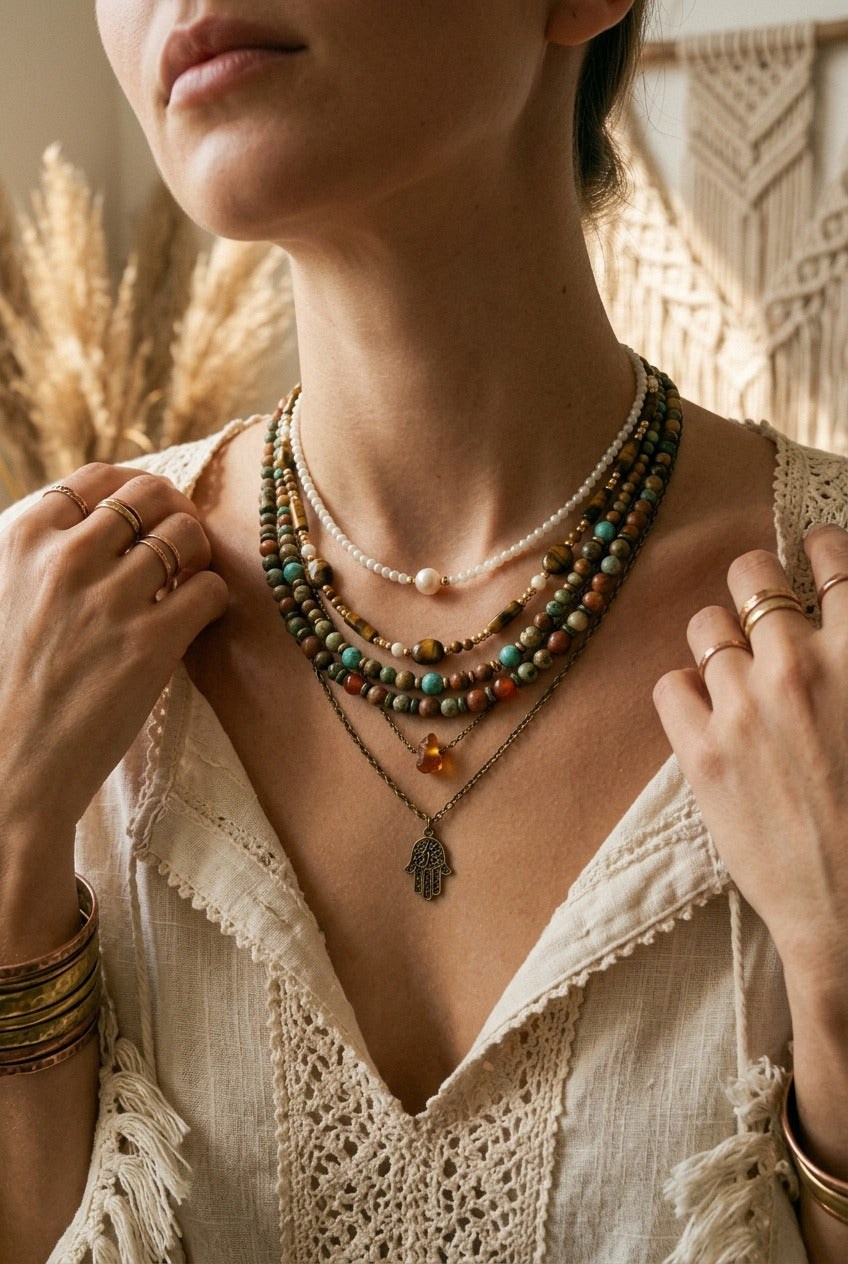 Suesswasserperlen Boho-Kette gelayert — NemoMatheo