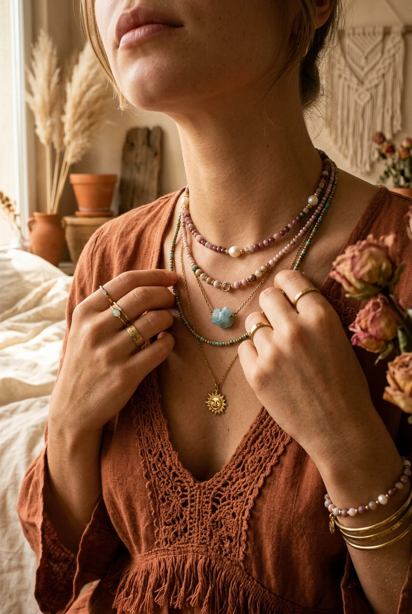 Rosenquarz Schmuck rosa Naturstein Boho · NemoMatheo