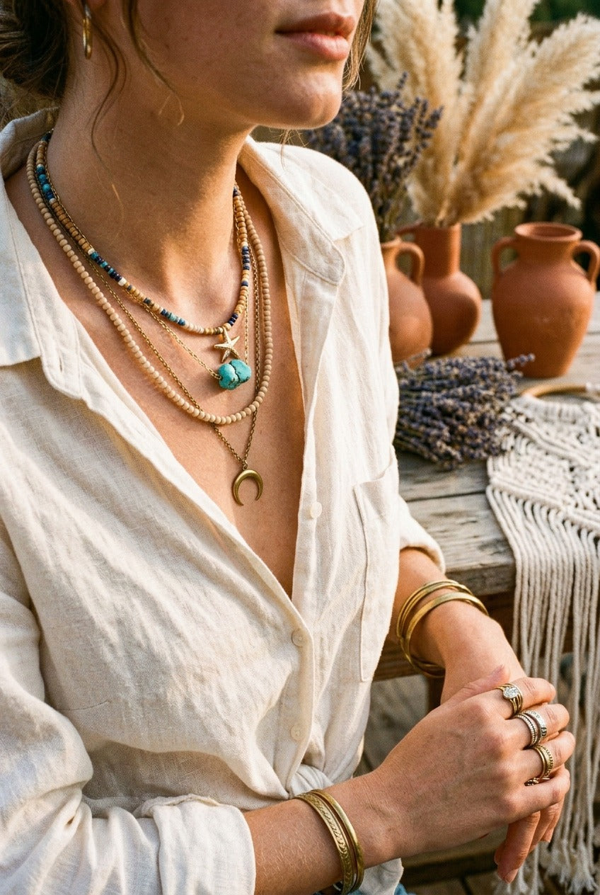 Boho Halskette Naturstein Layering — NemoMatheo Rheingau
