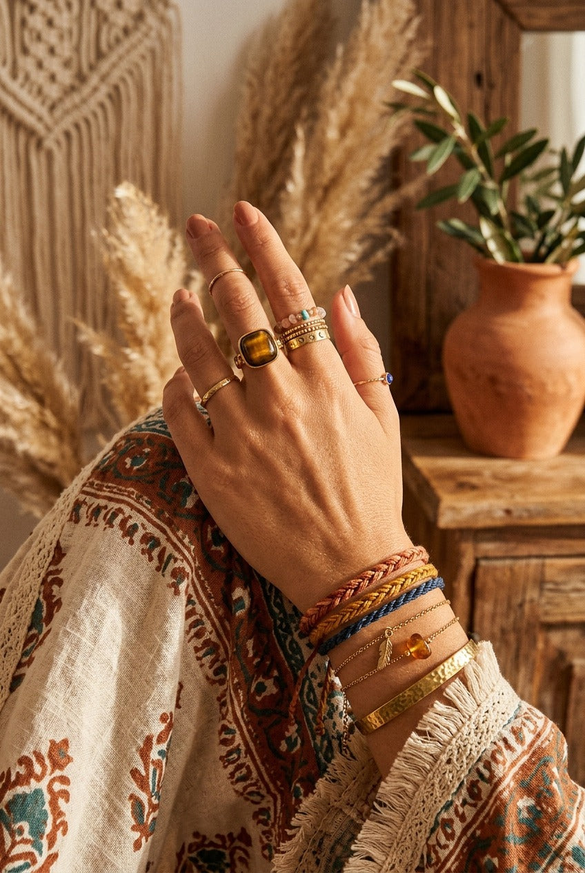 Ring Layering Boho mit Naturstein-Ringen — NemoMatheo