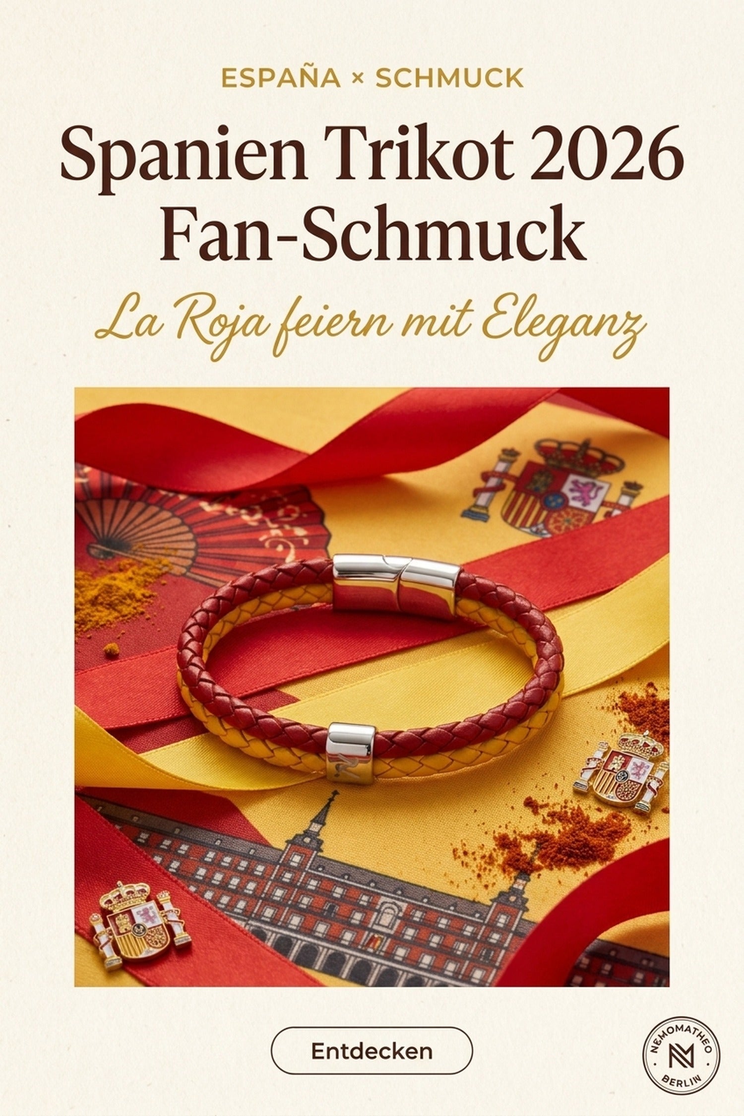 Spanien Trikot 2026 La Roja Fan-Schmuck — Rojo-Amarillo Lederarmband, Plaza Mayor Setting, NemoMatheo Berlin