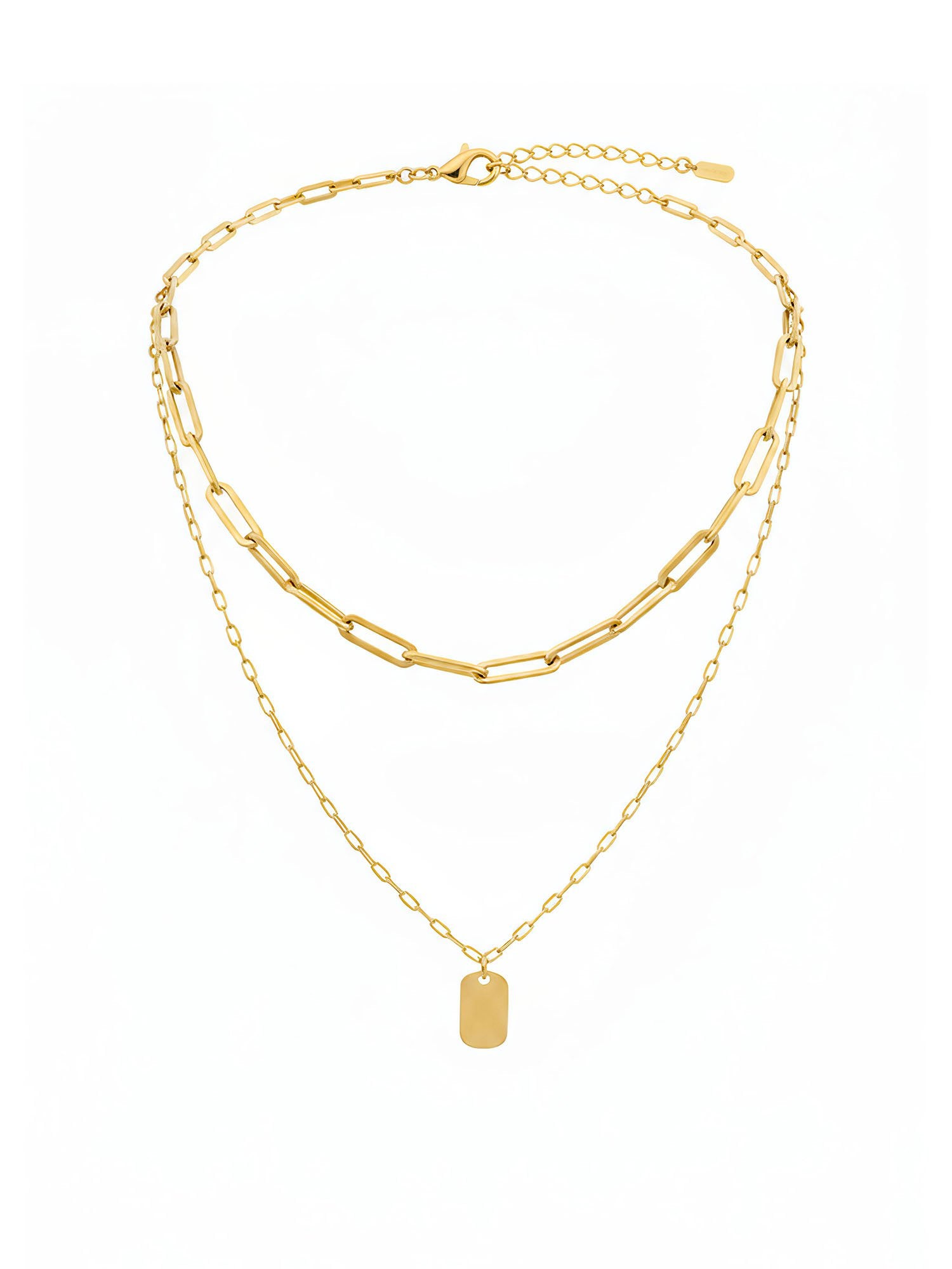 18K vergoldete Gliederketten-Duo mit Dog-Tag Anhänger – robuste doppelreihige Halskette in Gold auf weißem Hintergrund