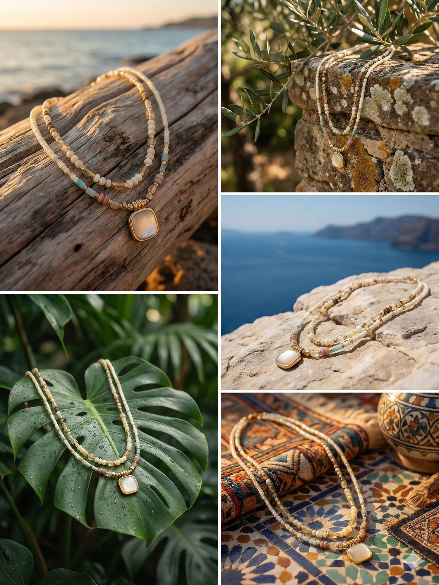 Sonnenglanz Kette Lifestyle-Collage – Boho-Perlenkette in mediterranen Szenen: Strand, Olivenbaum, griechische Küste, Monstera, marokkanische Fliesen