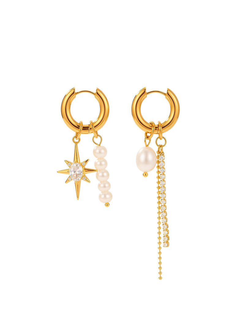 Stella & Perla – goldfarbene asymmetrische Ohrringe mit Stern- und Perlenmotiven – EH05, Ansicht 1
