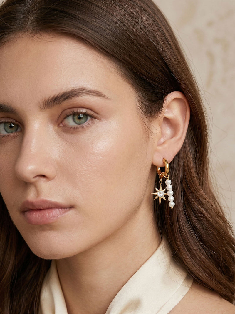 Stella & Perla – goldfarbene asymmetrische Ohrringe mit Stern- und Perlenmotiven – EH05, Ansicht 7