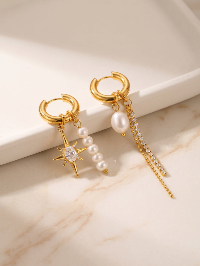 Stella & Perla – goldfarbene asymmetrische Ohrringe mit Stern- und Perlenmotiven – EH05, Ansicht 8