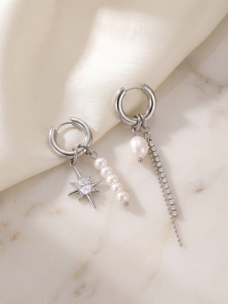 Stella & Perla – silberfarbene asymmetrische Ohrringe mit Stern- und Perlenmotiven – EH05B, Ansicht 8
