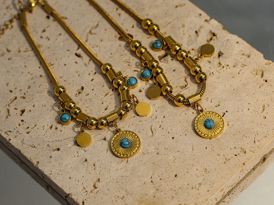 Schmuckset mit Blauer Türkis & 18K Vergoldung – Halskette & Armband