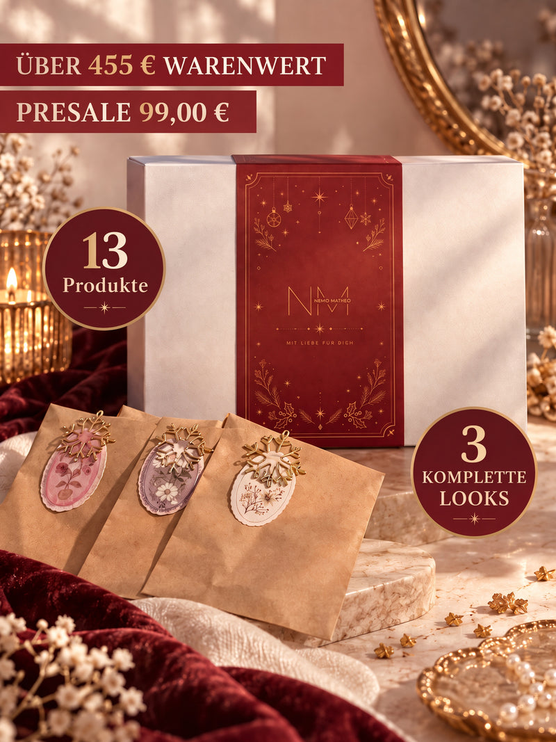 Weihnachtliche Geschenkbox mit drei Schmuckbeuteln – Schmuck-Adventskalender 2026, Edition 01 – Forza Gentile