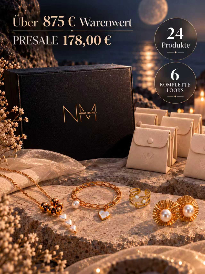 Schwarze NemoMatheo-Geschenkbox mit Schmuckbeuteln und goldfarbenem Schmuck – Anima in Fiore, Edition 02
