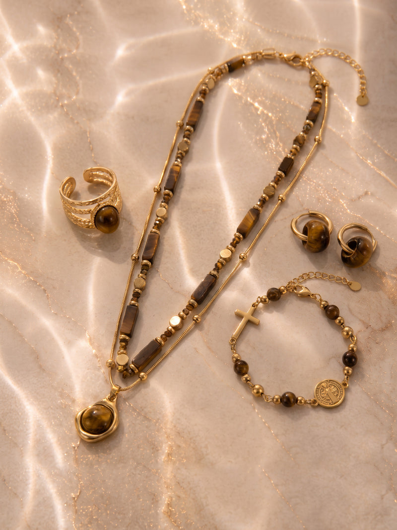 Tigerauge-Schmuckset mit Kette, Ohrringen, Ring und Armband in der Gesamtansicht – Anima in Fiore