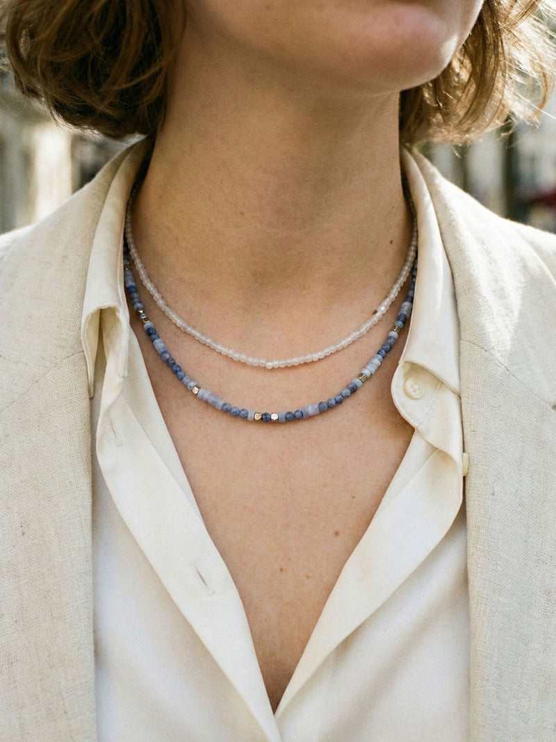 Kette Amethyst Facettiert – von Model getragen, Boho Halskette Styling im Alltag