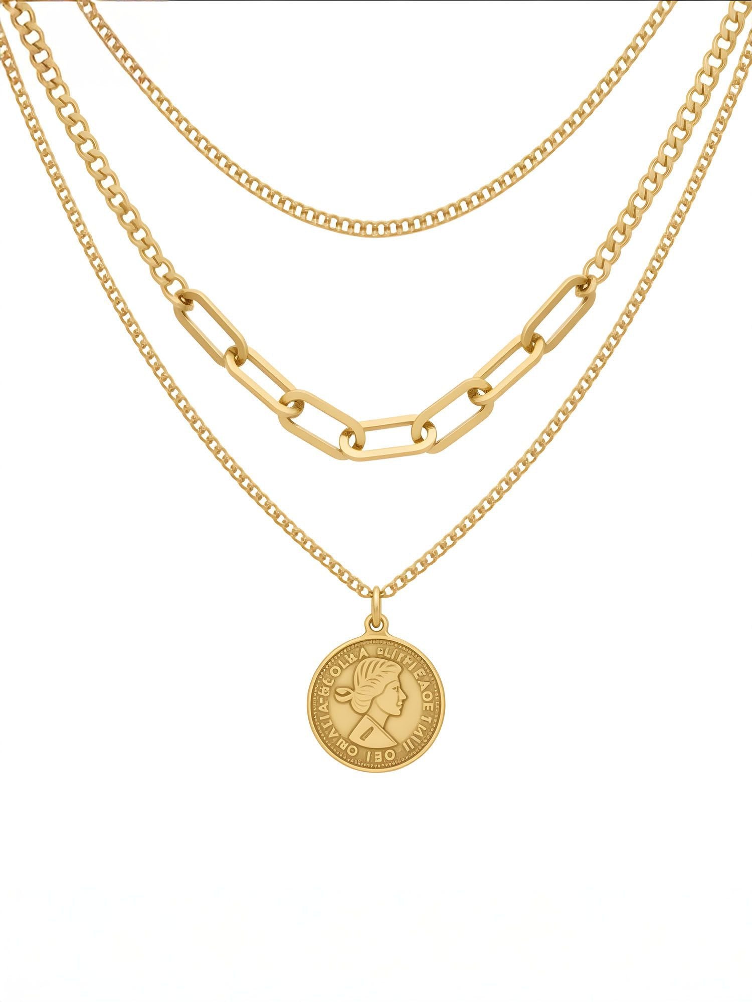 Aurelia Münzkette 18K vergoldet - Dreireihige Layering-Halskette mit Queen Elizabeth Münzanhänger und Gliederketten