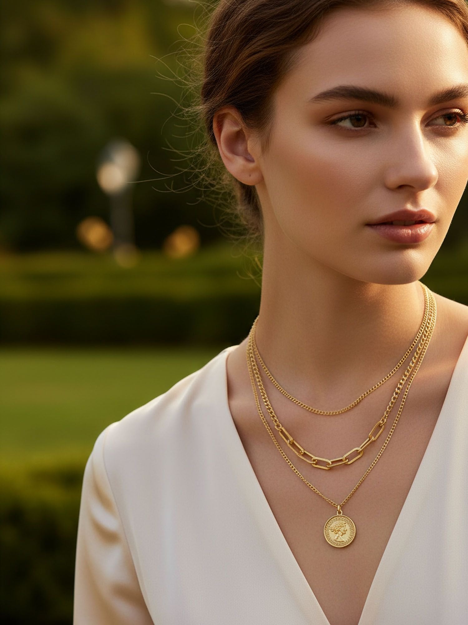 Detailaufnahme Aurelia Münzkette getragen - 18K vergoldete Layering-Halskette mit historischer Münze und Gliederkette am Dekolleté