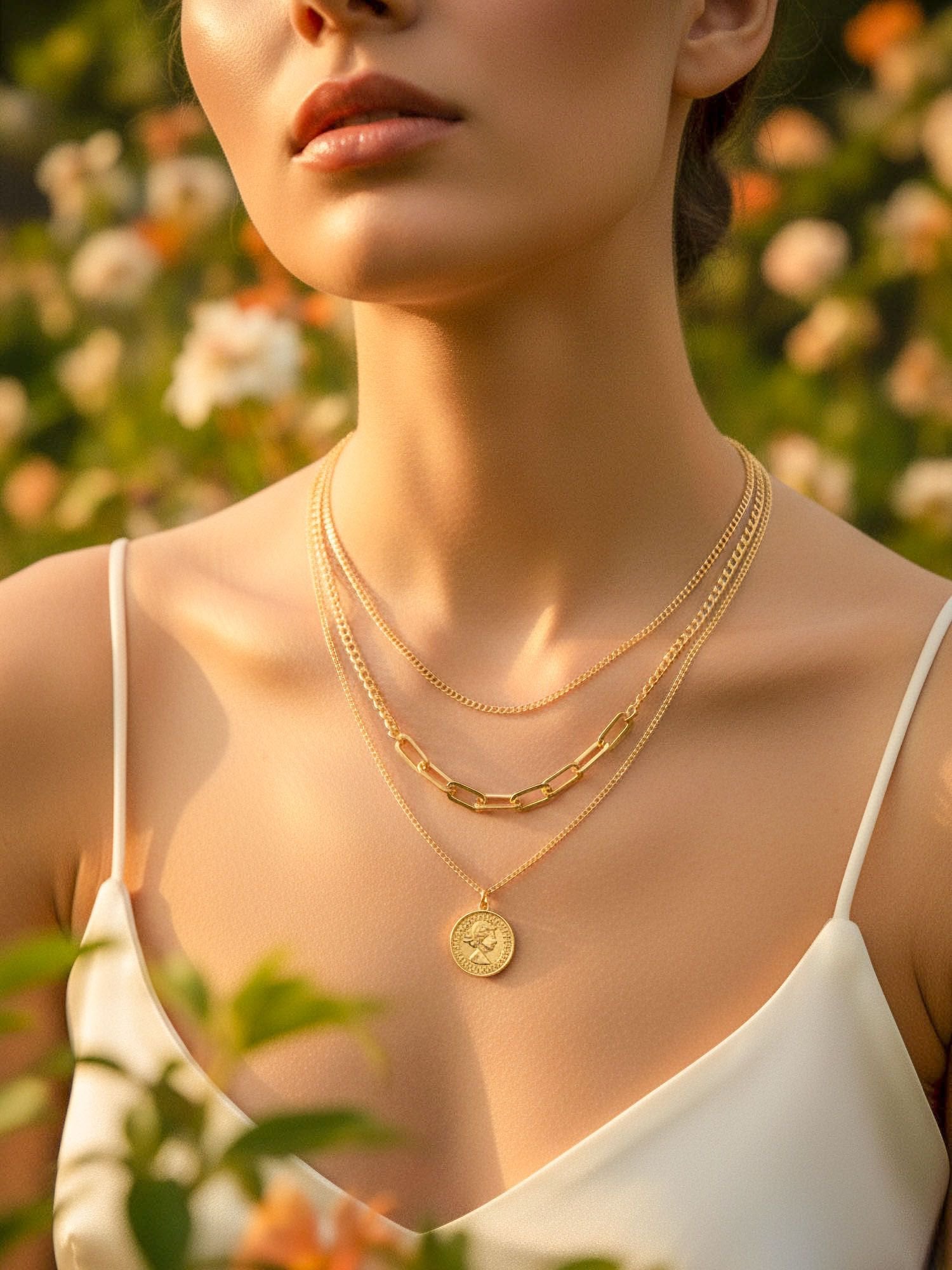 Aurelia Kette mit Münzanhänger Nahaufnahme - Goldene dreireihige Halskette mit Queen Elizabeth Münz-Charm im Blumengarten