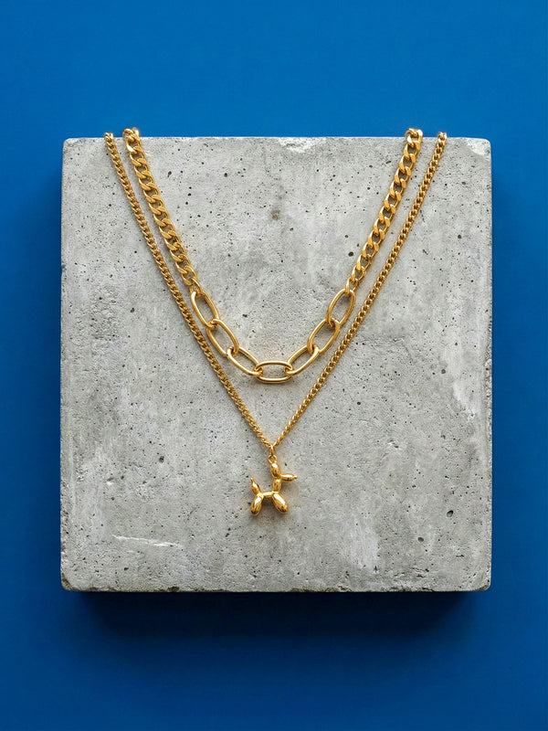 Ballonhund Layer-Kette -Detail – 18K vergoldete zweischichtige Kette mit Ballonhund-Charm