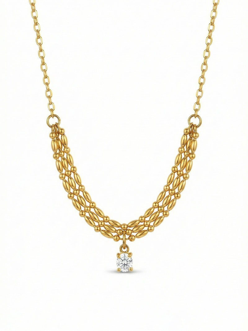 Cascade Statement Kette – 18K vergoldete Wasserfallkette mit funkelndem Kristall, Frontalansicht