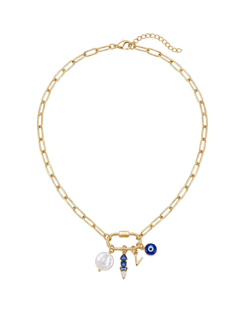 Charm-Kette mit Perle, Geburtsstein, Buchstabe und Nazar Auge