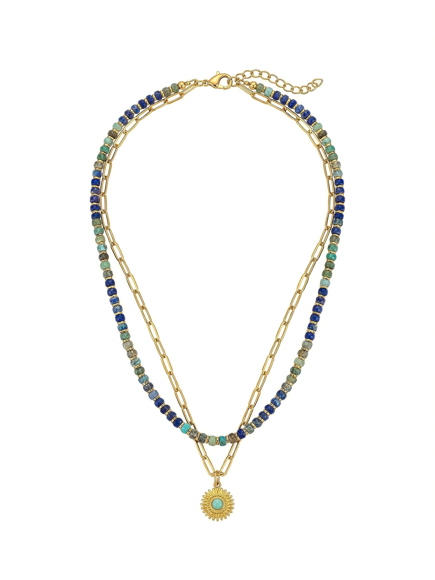 Doppel-Kette Sun & Stone Produktbild – zweireihige Halskette mit blau-türkisen Natursteinen und goldenem Sonnenanhänger auf weißem Hintergrund