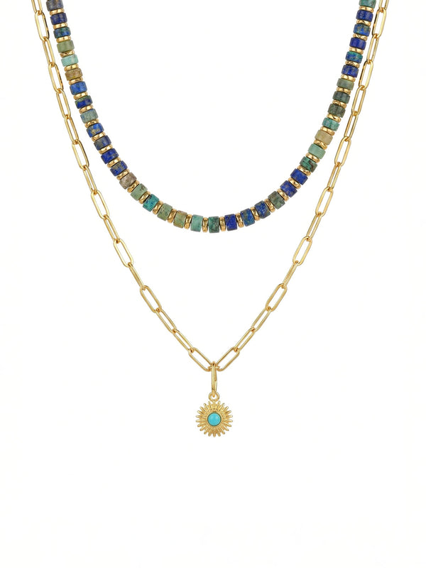 Sun Stone Tuerkis Kette Produktfoto - doppelreihige Halskette mit Edelsteinen