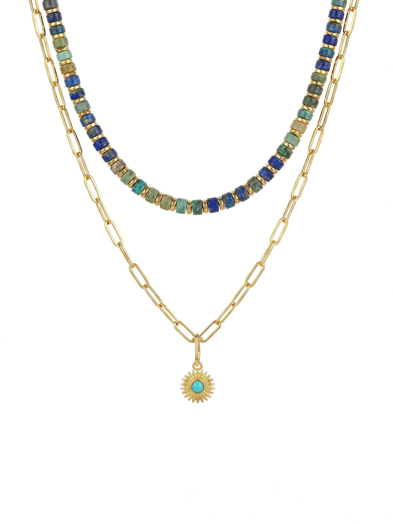 Sun Stone Tuerkis Kette Produktfoto - doppelreihige Halskette mit Edelsteinen