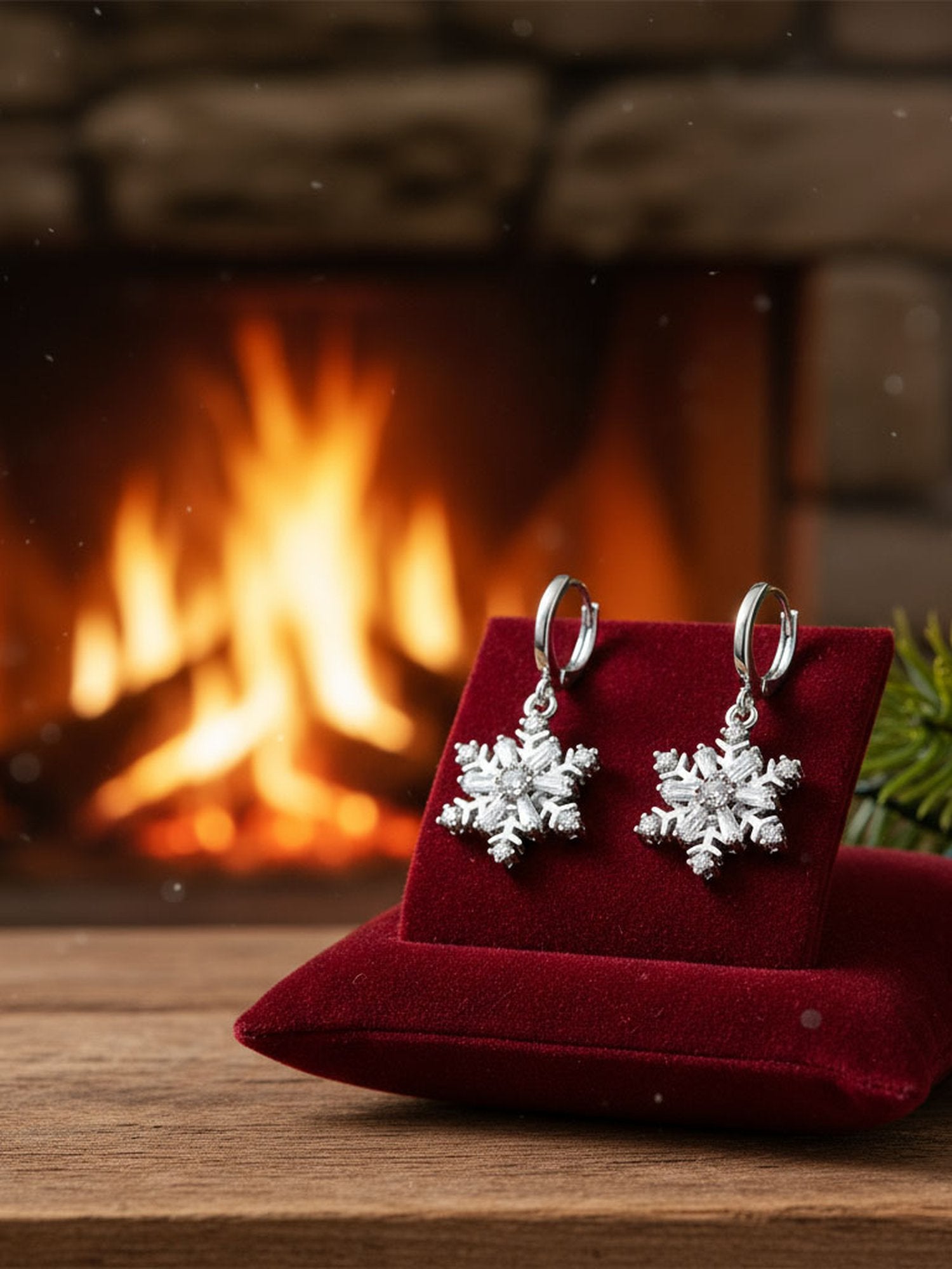 DREHBARE Schneeflocken-Ohrringe Kamin Flatlay – silberne Schneeflocken-Ohrringe auf rotem Samt vor Kaminfeuer mit Tannenzweigen Winterambiente